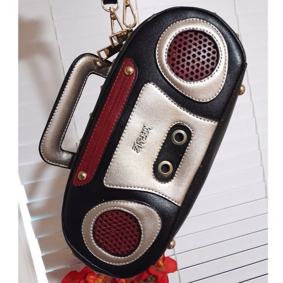 Lui Sui Boom Box Crossbody Shoulder Bag Red Black Gold - Picture 1 of 10